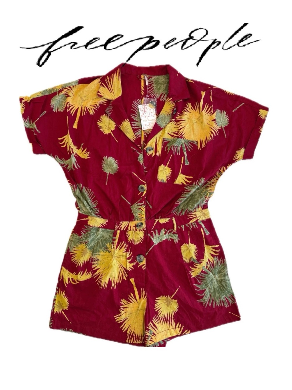 Free People Burgundy /Red Floral Button Up Romper with Yellow & Green Print